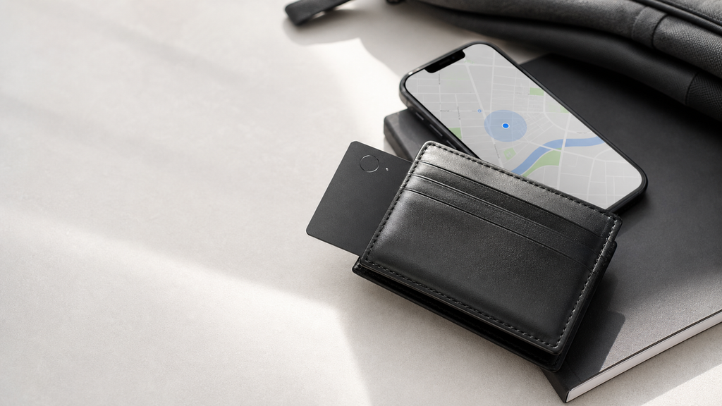 Premium black wallet tracker card beside a leather wallet and phone map interface